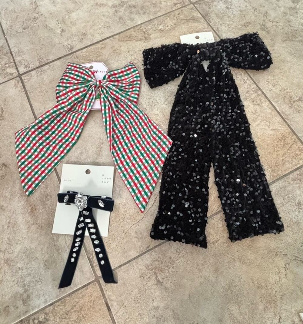Festive Holiday Hair Bows For Women - 3 Bows In The Lot - Black, Green And Multi